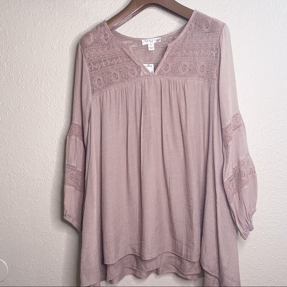 NWT Boho Mauve FLOWY 3/4 Sleeve Lace and linen Peasant Blouse Large Studio JPR - Picture 13 of 16